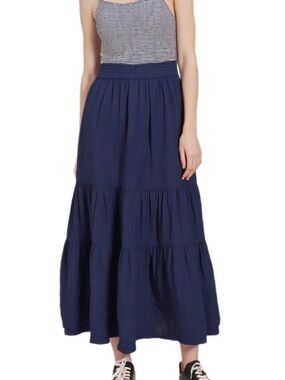 Chaps Navy Tiered Maxi A-Line Prairie Cowgirl Skirt Size Small